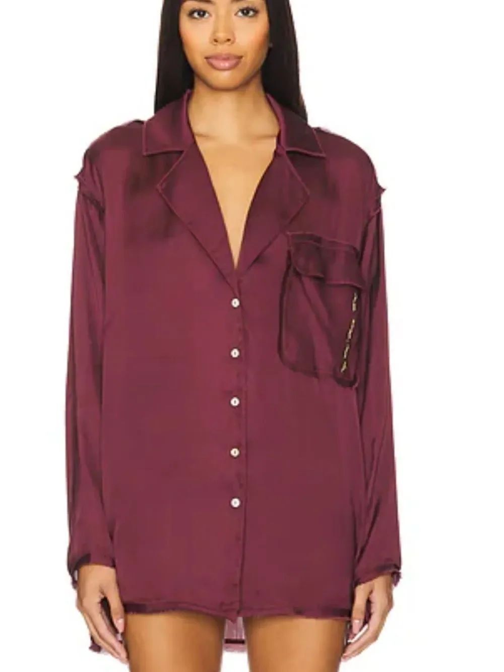 Womens Satin Button-Front Shirt - Wine